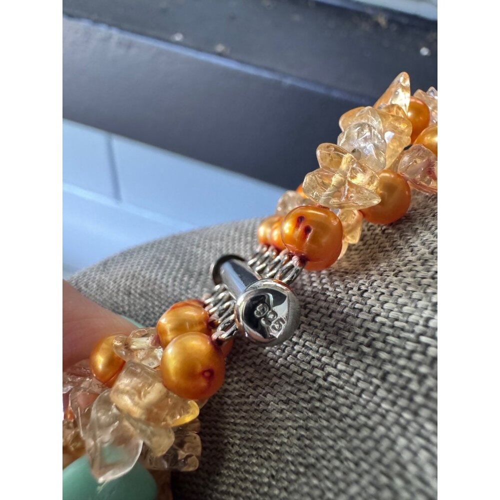 Sterling Triple Strand 18" Necklace With Golden Pearls Quartz Beads - Picture 5 of 5
